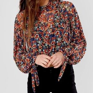 Free People Multicolor Floral All Dolled Up Print Mesh Crop Blouse w Tie Sleeves